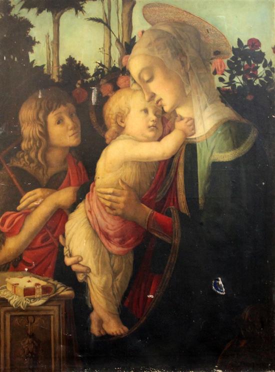 19th century Italian School after Sandro Botticelli Madonna and Child with the Young St. John the Baptist 36.75 x 27in. unframed